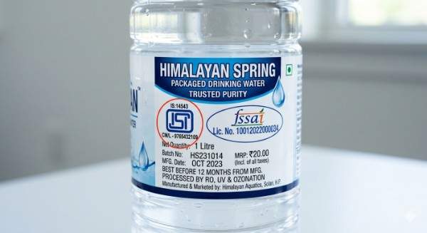 BIS ISI mark and FSSAI logo on packaged drinking water bottle label India