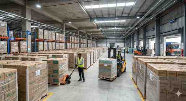 Bulk custom water bottle order India - stacked cartons of packaged drinking water in warehouse