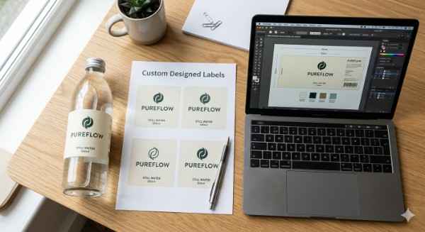 Custom label water bottle design process - artwork file and 500ml bottle flat lay India