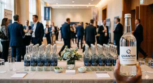 Branded promotional water bottles with custom logo on corporate event table India